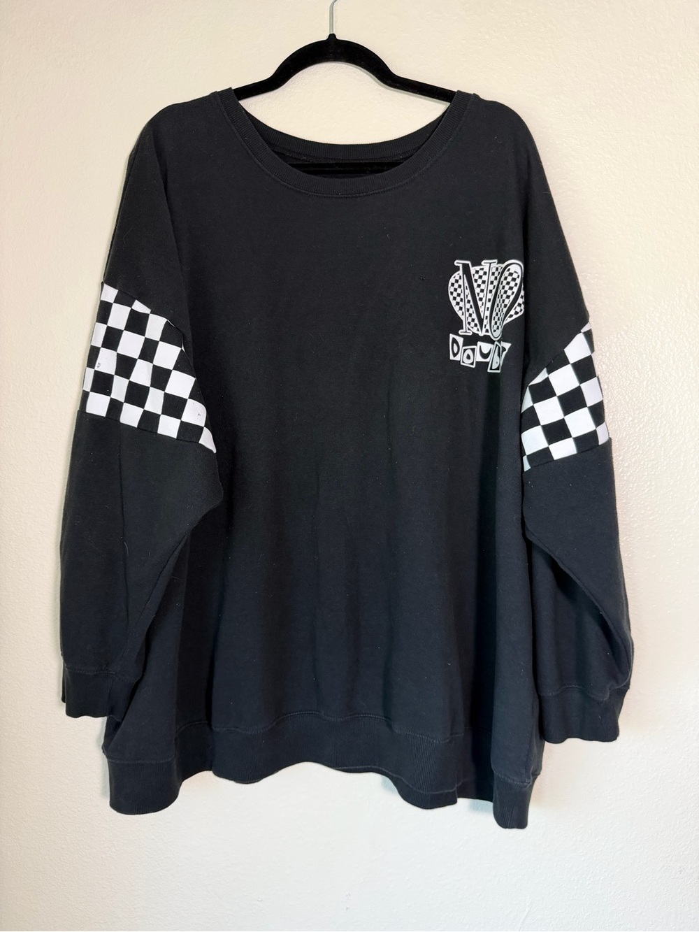 No Doubt Oversized Black and White Check Crewneck Sweater, Size XL